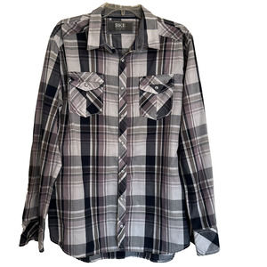 BKE Buckle Plaid Shirt XL Pearl Snap Button Western Blue/Grey/Purple CLEAN